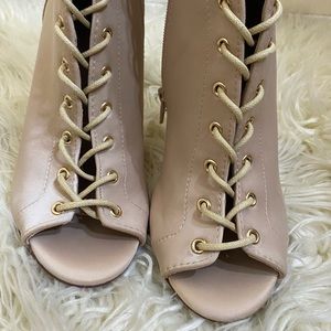 Satin nude lace up thigh high open toed heels!